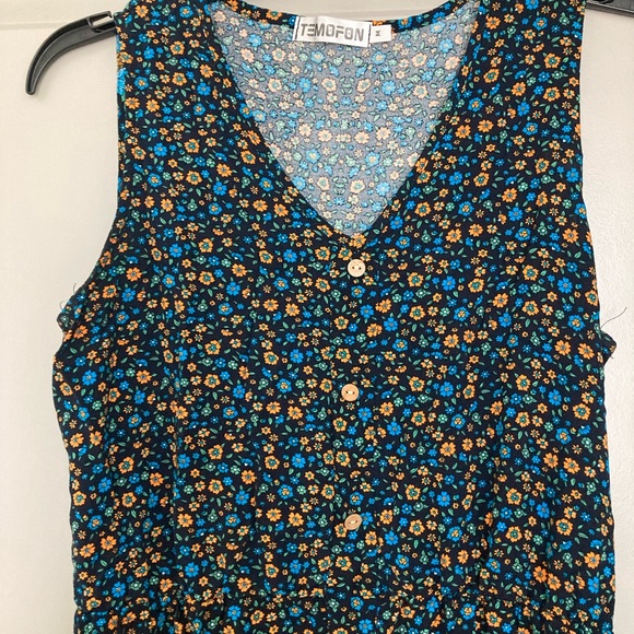 Floral Sleeveless Midi Dress - Black and Orange - Picture 5 of 10